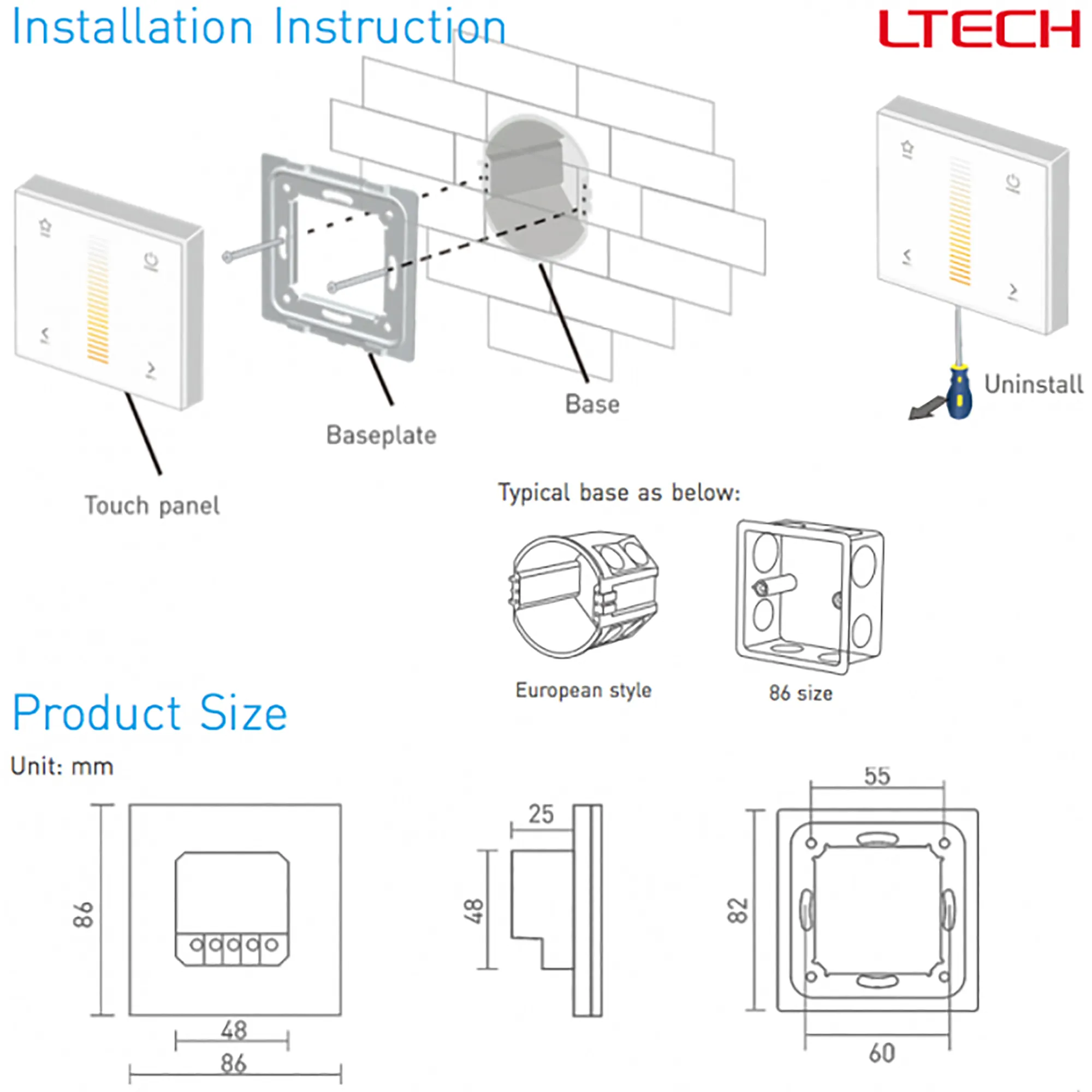 RF2.4GHz CT dimming Touch Panel, PWM Power output, 12/24Vdc, 96W 4A, Single/Multi Zone Support. E2  LTECH Touch Panel